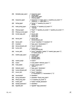 IDL, v4.2 27
(38) <template_type_spec> ::= <sequence_type>
| <string_type>
| <wide_string_type>
| <fixed_pt_type>
(39) <sequence_type> ::= "sequence" "<" <type_spec> "," <positive_int_const> ">"
| "sequence" "<" <type_spec> ">"
(40) <string_type> ::= "string" "<" <positive_int_const> ">"
| "string"
(41) <wide_string_type> ::= "wstring" "<" <positive_int_const> ">"
| "wstring"
(42) <fixed_pt_type> ::= "fixed" "<" <positive_int_const> "," <positive_int_const> ">"
(43) <fixed_pt_const_type> ::= "fixed"
(44) <constr_type_dcl> ::= <struct_dcl>
| <union_dcl>
| <enum_dcl>
(45) <struct_dcl> ::= <struct_def>
| <struct_forward_dcl>
(46) <struct_def> ::= "struct" <identifier> "{" <member>+ "}"
(47) <member> ::= <type_spec> <declarators> ";"
(48) <struct_forward_dcl> ::= "struct" <identifier>
(49) <union_dcl> ::= <union_def>
| <union_forward_dcl>
(50) <union_def> ::= "union" <identifier> "switch" "(" <switch_type_spec> ")"
"{" <switch_body> "}"
(51) <switch_type_spec> ::= <integer_type>
| <char_type>
| <boolean_type>
| <scoped_name>
(52) <switch_body> ::= <case>+
(53) <case> ::= <case_label>+ <element_spec> ";"
(54) <case_label> ::= "case" <const_expr> ":"
| "default" ":"
(55) <element_spec> ::= <type_spec> <declarator>
(56) <union_forward_dcl> ::= "union" <identifier>
(57) <enum_dcl> ::= "enum" <identifier>
"{" <enumerator> { "," <enumerator> } * "}"
(58) <enumerator> ::= <identifier>
(59) <array_declarator> ::= <identifier> <fixed_array_size>+
(60) <fixed_array_size> ::= "[" <positive_int_const> "]"
(61) ‎<native_dcl> ::= "native" <simple_declarator>
(62) <simple_declarator> ::= <identifier>
(63) <typedef_dcl> ::= "typedef" <type_declarator>
 
