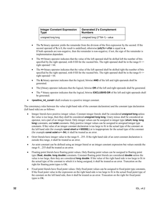 32 IDL, v4.2
Integer Constant Expression
Type
Generated 2’s Complement
Numbers
unsigned long long unsigned long (2**64-1) - value
 The % binary operator yields the remainder from the division of the first expression by the second. If the
second operand of % is 0, the result is undefined; otherwise (a/b)*b + a%b is equal to a.
If both operands are non-negative, then the remainder is non-negative; if not, the sign of the remainder is
implementation dependent.
 The << binary operator indicates that the value of the left operand shall be shifted left the number of bits
specified by the right operand, with 0 fill for the vacated bits. The right operand shall be in the range 0 <=
right operand < 64.
 The >> binary operator indicates that the value of the left operand shall be shifted right the number of bits
specified by the right operand, with 0 fill for the vacated bits. The right operand shall be in the range 0 <=
right operand < 64.
 The & binary operator indicates that the logical, bitwise AND of the left and right operands shall be
generated.
 The | binary operator indicates that the logical, bitwise OR of the left and right operands shall be generated.
 The ^ binary operator indicates that the logical, bitwise EXCLUSIVE-OR of the left and right operands shall
be generated.
 <positive_int_const> shall evaluate to a positive integer constant.
The consistency rules between the value (right hand side of the constant declaration) and the constant type declaration
(left hand side) are as follows:
 Integer literals have positive integer values. Constant integer literals shall be considered unsigned long unless
the value is too large, then they shall be considered unsigned long long. Unary minus shall be considered an
operator, not a part of an integer literal. Only integer values can be assigned to integer type (short, long, long
long) constants, and octet constants. Only positive integer values can be assigned to unsigned integer type
constants. If the value of an integer constant declaration is too large to fit in the actual type of the constant on
the left hand side (for example const short s = 655592;) or is inappropriate for the actual type of the constant
(for example const octet o = -54;) it shall be treated as an error.
 Octet literals have integer value in the range 0…255. If the right hand side of an octet constant declaration is
outside this range, it shall be treated as an error.
 An octet constant can be defined using an integer literal or an integer constant expression but values outside the
range 0…255 shall be treated as an error.‎
 Floating point literals have floating point values. Only floating point values can be assigned to floating point
type (float, double, long double) constants. Constant floating point literals are considered double unless the
value is too large, then they are considered long double. If the value of the right hand side is too large to fit in
the actual type of the constant to which it is being assigned, it shall be treated as an error. Truncation on the
right for floating point types is OK.
 Fixed point literals have fixed point values. Only fixed point values can be assigned to fixed point type constants.
If the fixed point value in the expression on the right hand side is too large to fit in the actual fixed point type of
the constant on the left hand side, then it shall be treated as an error. Truncation on the right for fixed point
types is OK.
 