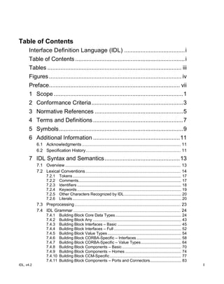 IDL, v4.2 i
Table of Contents
Interface Definition Language (IDL) .....................................i
Table of Contents ...................................................................i
Tables .................................................................................. iii
Figures ................................................................................. iv
Preface................................................................................ vii
1 Scope ...............................................................................1
2 Conformance Criteria........................................................3
3 Normative References ......................................................5
4 Terms and Definitions .......................................................7
5 Symbols............................................................................9
6 Additional Information .....................................................11
6.1 Acknowledgments .................................................................................. 11
6.2 Specification History............................................................................... 11
7 IDL Syntax and Semantics..............................................13
7.1 Overview................................................................................................ 13
7.2 Lexical Conventions............................................................................... 14
7.2.1 Tokens................................................................................................. 17
7.2.2 Comments............................................................................................ 17
7.2.3 Identifiers ............................................................................................. 18
7.2.4 Keywords ............................................................................................. 19
7.2.5 Other Characters Recognized by IDL................................................... 20
7.2.6 Literals ................................................................................................. 20
7.3 Preprocessing ........................................................................................ 23
7.4 IDL Grammar ......................................................................................... 24
7.4.1 Building Block Core Data Types........................................................... 24
7.4.2 Building Block Any ............................................................................... 43
7.4.3 Building Block Interfaces – Basic ......................................................... 45
7.4.4 Building Block Interfaces – Full ............................................................ 52
7.4.5 Building Block Value Types.................................................................. 54
7.4.6 Building Block CORBA-Specific – Interfaces........................................ 58
7.4.7 Building Block CORBA-Specific – Value Types.................................... 64
7.4.8 Building Block Components – Basic..................................................... 70
7.4.9 Building Block Components – Homes .................................................. 74
7.4.10 Building Block CCM-Specific................................................................ 77
7.4.11 Building Block Components – Ports and Connectors............................ 83
 