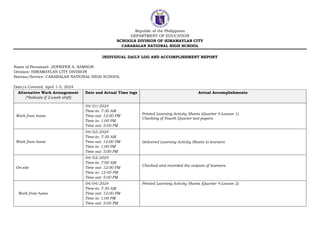 Republic of the Philippines
DEPARTMENT OF EDUCATION
SCHOOLS DIVISION OF HIMAMAYLAN CITY
CARABALAN NATIONAL HIGH SCHOOL
INDIVIDUAL DAILY LOG AND ACCOMPLISHMENT REPORT
Name of Personnel: JENNIFER A. SAMSON
Division: HIMAMAYLAN CITY DIVISION
Bureau/Service: CARABALAN NATIONAL HIGH SCHOOL
Date/s Covered: April 1-5, 2024
Alternative Work Arrangement
(*Indicate if 2-week shift)
Date and Actual Time logs Actual Accomplishments
Work from home
04/01/2024
Time-in: 7:30 AM
Time out: 12:00 PM
Time in: 1:00 PM
Time out: 5:00 PM
Printed Learning Activity Sheets (Quarter 4-Lesson 1)
Checking of Fourth Quarter test papers
Work from home
04/02/2024
Time-in: 7:30 AM
Time out: 12:00 PM
Time in: 1:00 PM
Time out: 5:00 PM
Delivered Learning Activity Sheets to learners
On-site
04/03/2024
Time-in: 7:00 AM
Time out: 12:00 PM
Time in: 12:40 PM
Time out: 5:00 PM
Checked and recorded the outputs of learners.
Work from home
04/04/2024
Time-in: 7:30 AM
Time out: 12:00 PM
Time in: 1:00 PM
Time out: 5:00 PM
Printed Learning Activity Sheets (Quarter 4-Lesson 2)
 
