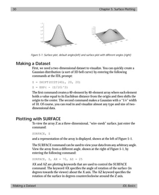 basics.bk : 3d.doc 30 Mon Apr 28 12:26:12 1997
30 Chapter 5: Surface Plotting
Making a Dataset IDL Basics
Making a Dataset
First, we need a two-dimensional dataset to visualize. You can quickly create a
Gaussian distribution (a sort of 3D bell curve) by entering the following
commands at the IDL prompt:
Z = SHIFT(DIST(40), 20, 20)
Z = EXP( - (Z/10)^2)
The ﬁrst command creates a 40-element by 40-element array where each element
holds a value equal to its Euclidean distance from the origin and then shifts the
origin to the center. The second command makes a Gaussian with a “1/e” width
of 10. Of course, you can read in and visualize almost any type and size of two-
dimensional data.
Plotting with SURFACE
To view the array Z as a three-dimensional, “wire-mesh” surface, just enter the
command:
SURFACE, Z
and a representation of the array is displayed, shown at the left of Figure 5-1.
The SURFACE command can be used to view your data from any arbitrary angle.
View the array from a different angle, shown at the right of Figure 5-1, by
entering the following command:
SURFACE, Z, AX = 70, AZ = 25
AX and AZ are plotting keywords that are used to control the SURFACE
command. The keyword AX speciﬁes the angle of rotation of the surface (in
degrees towards the viewer) about the X axis. The AZ keyword speciﬁes the
rotation of the surface in degrees counterclockwise around the Z axis.
Figure 5-1: Surface plot, default angles(left) and surface plot with different angles (right)
 