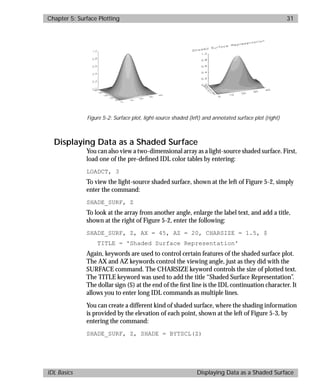 basics.bk : 3d.doc 31 Mon Apr 28 12:26:12 1997
Chapter 5: Surface Plotting 31
IDL Basics Displaying Data as a Shaded Surface
Displaying Data as a Shaded Surface
You can also view a two-dimensional array as a light-source shaded surface. First,
load one of the pre-deﬁned IDL color tables by entering:
LOADCT, 3
To view the light-source shaded surface, shown at the left of Figure 5-2, simply
enter the command:
SHADE_SURF, Z
To look at the array from another angle, enlarge the label text, and add a title,
shown at the right of Figure 5-2, enter the following:
SHADE_SURF, Z, AX = 45, AZ = 20, CHARSIZE = 1.5, $
TITLE = 'Shaded Surface Representation'
Again, keywords are used to control certain features of the shaded surface plot.
The AX and AZ keywords control the viewing angle, just as they did with the
SURFACE command. The CHARSIZE keyword controls the size of plotted text.
The TITLE keyword was used to add the title “Shaded Surface Representation”.
The dollar sign ($) at the end of the ﬁrst line is the IDL continuation character. It
allows you to enter long IDL commands as multiple lines.
You can create a different kind of shaded surface, where the shading information
is provided by the elevation of each point, shown at the left of Figure 5-3, by
entering the command:
SHADE_SURF, Z, SHADE = BYTSCL(Z)
Figure 5-2: Surface plot, light-source shaded (left) and annotated surface plot (right)
 