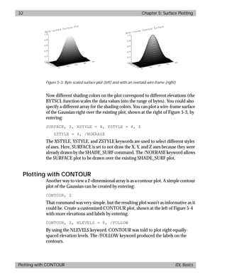 basics.bk : 3d.doc 32 Mon Apr 28 12:26:12 1997
32 Chapter 5: Surface Plotting
Plotting with CONTOUR IDL Basics
Now different shading colors on the plot correspond to different elevations (the
BYTSCL function scales the data values into the range of bytes). You could also
specify a different array for the shading colors. You can plot a wire-frame surface
of the Gaussian right over the existing plot, shown at the right of Figure 5-3, by
entering:
SURFACE, Z, XSTYLE = 4, YSTYLE = 4, $
ZSTYLE = 4, /NOERASE
The XSTYLE, YSTYLE, and ZSTYLE keywords are used to select different styles
of axes. Here, SURFACE is set to not draw the X, Y, and Z axes because they were
already drawn by the SHADE_SURF command. The /NOERASE keyword allows
the SURFACE plot to be drawn over the existing SHADE_SURF plot.
Plotting with CONTOUR
Another way to view a 2-dimensional array is as a contour plot. A simple contour
plot of the Gaussian can be created by entering:
CONTOUR, Z
That command was very simple, but the resulting plot wasn’t as informative as it
could be. Create a customized CONTOUR plot, shown at the left of Figure 5-4
with more elevations and labels by entering:
CONTOUR, Z, NLEVELS = 8, /FOLLOW
By using the NLEVELS keyword, CONTOUR was told to plot eight equally-
spaced elevation levels. The /FOLLOW keyword produced the labels on the
contours.
Figure 5-3: Byte-scaled surface plot (left) and with an overlaid wire-frame (right)
 