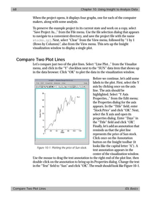 basics.bk : insight.doc 68 Mon Apr 28 12:26:12 1997
68 Chapter 10: Using Insight to Analyze Data
Compare Two Plot Lines IDL Basics
When the project opens, it displays four graphs, one for each of the computer
makers, along with some analysis.
To preserve the example project in its current state and work on a copy, select
“Save Project As...” from the File menu. Use the ﬁle selection dialog that appears
to navigate to a convenient directory, and save the project ﬁle with the name
stocks.ipj. Next, select “Clear” from the View menu, followed by “1 by 1
(Rows by Columns)”, also from the View menu. This sets up the Insight
visualization window to display a single plot.
Compare Two Plot Lines
Let’s compare just two of the plot lines. Select “Line Plot...” from the Visualize
menu, and click in the “Y” checkbox next to the “SUN” data item that shows up
in the data browser. Click “OK” to plot the data in the visualization window.
Before we continue, let’s add some
labels to the plot. First, select the Y
axis by clicking once on the axis
line. The axis should be
highlighted. Select “Y Axis
Properties...” from the Edit menu;
the Properties dialog for the axis
appears. In the “Title” ﬁeld, enter
“Stock Price” and click “OK”. Next,
select the X axis and open its
properties dialog. Enter “Days” in
the “Title” ﬁeld and click “OK”.
Finally, let’s add an annotation that
reminds us that the plot line
represents the price of Sun stock.
Click once on the Annotation
button on the Insight toolbar (it
looks like the capital letter “A”). A
text annotation appears in the
center of the visualization window.
Use the mouse to drag the text annotation to the right end of the plot line, then
double-click on the annotation to bring up its Properties dialog. Change the text
in the “Text” ﬁeld to “Sun” and click “OK”. The result should look like Figure 10-1.
Figure 10-1: Plotting the price of Sun stock.
 