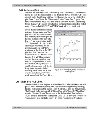 basics.bk : insight.doc 69 Mon Apr 28 12:26:12 1997
Chapter 10: Using Insight to Analyze Data 69
IDL Basics Correlate the Plot Lines
Add the Second Plot Line
Now let’s add another data set to our display. Select “Insert Plot...” from the Edit
menu, and click the checkbox next to the data item “HP”. If you click “OK” now,
you will notice that the new plot line extends above the top of the existing line
plot. Select “Undo” from the Edit menu and select “Insert Plot...” again. This
time, check both the “SUN” data item and the checkbox labelled “Adjust range”
before clicking “OK”. Insight will adjust the plot range to accommodate the full
range of data for both the “HP” and “SUN” stock prices in a single plot.
Notice that the text annotation did
not move along with the plot “Sun”
plot line. Click on the annotation
now and drag it down to align with
the new position of the “Sun” plot
line. Let’s add an annotation for the
“HP” line as well; click once on the
Annotation button and add an
annotation with the text “HP”,
positioned to the right of the “HP”
plot line. Notice also that the
second plot line is a different color
than the ﬁrst. We’ll be overlaying
another line on top of these two
lines, so change the color of both
lines to black. Change the color by
double-clicking on the each line to
bring up its Properties dialog,
selecting “Black” from the “Color”
droplist, and clicking “OK”. The
result should look like Figure 10-2.
Correlate the Plot Lines
The correlation between the price of Sun and Hewlett-Packard stock over the time
period shown appears to be quite good. We can determine just how good using
Insight’s correlation analysis feature. Select “Correlate...” from the Analyze menu.
The Correlate dialog appears. Select “Linear Correlation” from the “Algorithm”
droplist. Click the “Browse” button next to the “Independent” ﬁeld and select
“SUN” from the data browser that appears. Click “OK” to enter your choice in the
“Independent” ﬁeld. Similarly, select “HP” for the “Independent 2” variable.
Figure 10-2: Plotting the price of HP and Sun
stocks together.
 