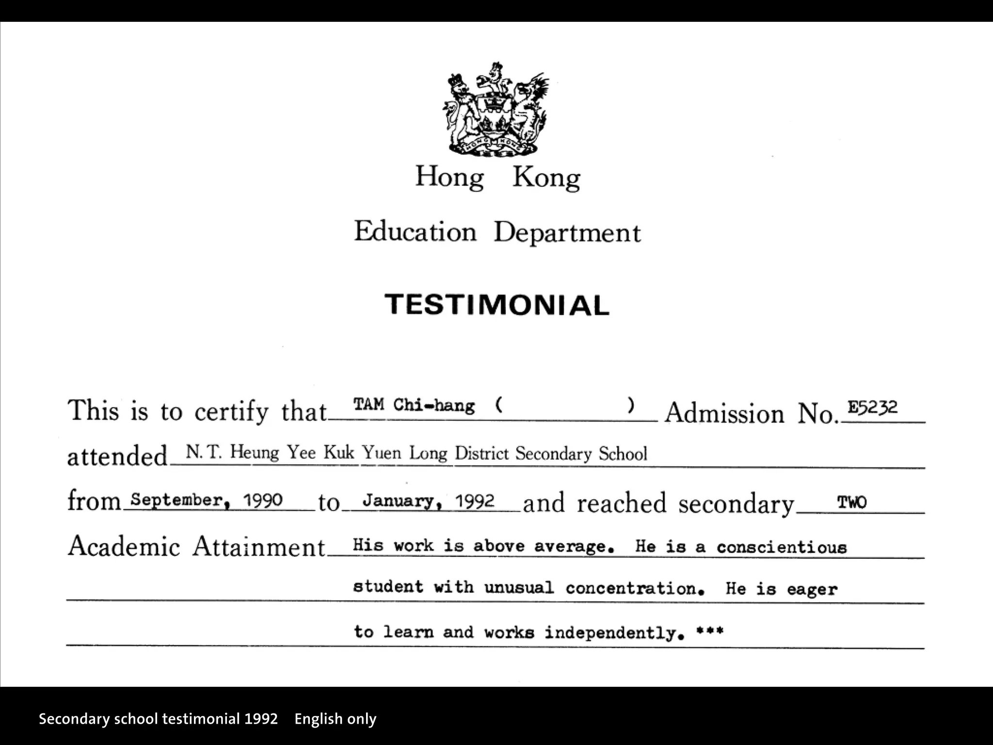 Secondary school testimonial 1992  English only
 