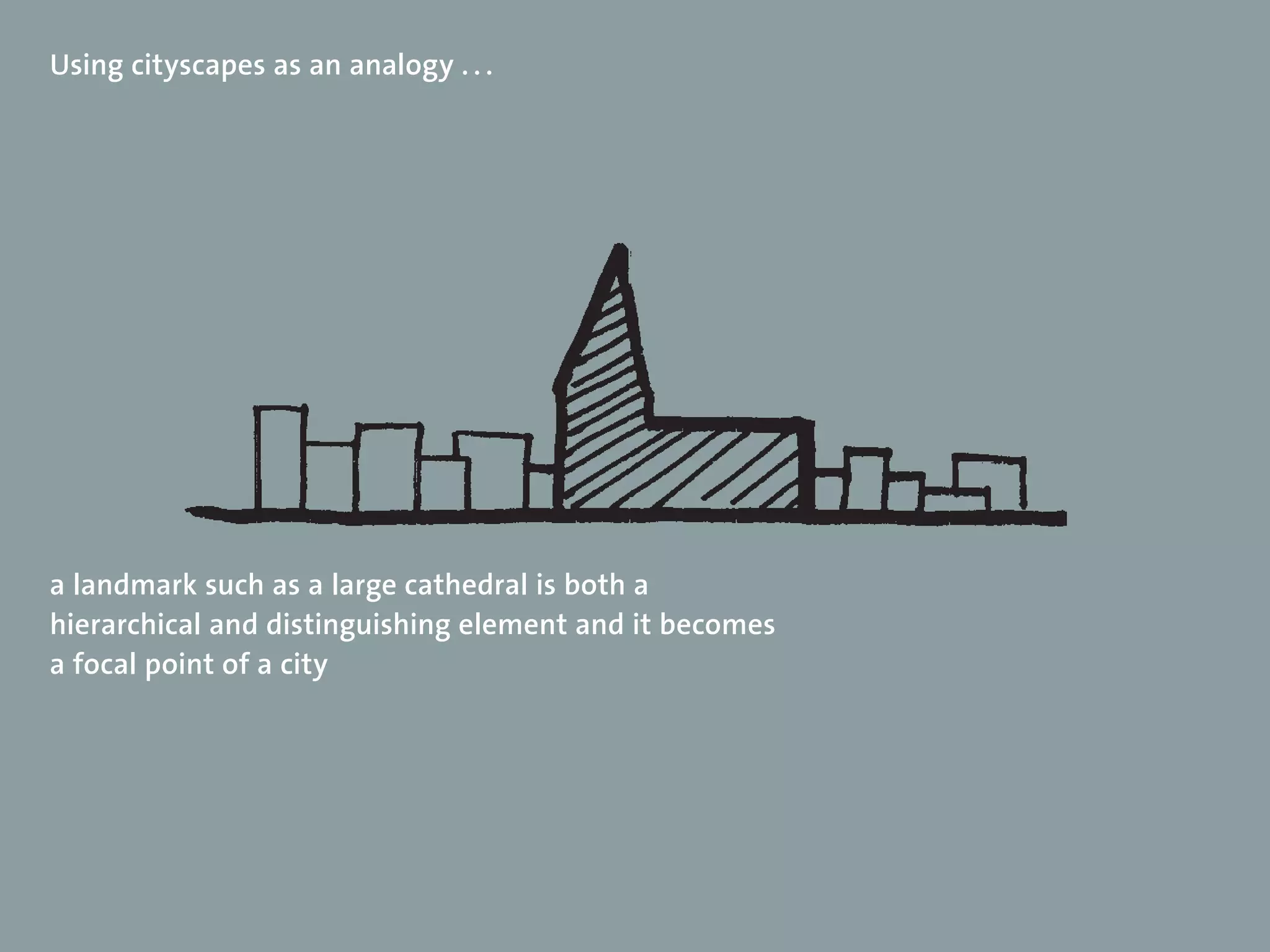 Using cityscapes as an analogy . . .




a landmark such as a large cathedral is both a
hierarchical and distinguishing element and it becomes
a focal point of a city
 