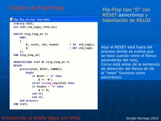 Introducción al diseño lógico con VHDL Sergio Noriega 2010
Diseño de Flip-Flops Flip-Flop tipo “D” con
RESET asincrónico y
habilitación de RELOJ
Aquí el RESET está fuera del
proceso donde se evalúa que
se hace cuando viene el flanco
ascendente del reloj.
Como está antes de la sentencia
de detección del flanco de clk
el “reset” funciona como
asincrónico.
 