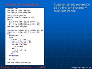 Introducción al diseño lógico con VHDL Sergio Noriega 2010
Diseño de Contadores Contador binario progresivo
de 32 bits con precarga y
reset asincrónico
 