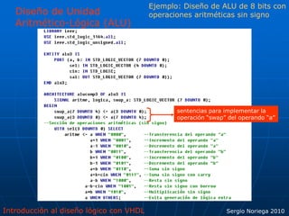 Introducción al diseño lógico con VHDL Sergio Noriega 2010
Diseño de Unidad
Aritmético-Lógica (ALU)
Ejemplo: Diseño de ALU de 8 bits con
operaciones aritméticas sin signo
sentencias para implementar la
operación “swap” del operando “a”
 