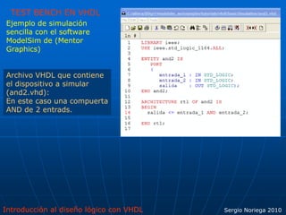 Introducción al diseño lógico con VHDL Sergio Noriega 2010
TEST BENCH EN VHDL
Ejemplo de simulación
sencilla con el software
ModelSim de (Mentor
Graphics)
Archivo VHDL que contiene
el dispositivo a simular
(and2.vhd):
En este caso una compuerta
AND de 2 entrads.
 