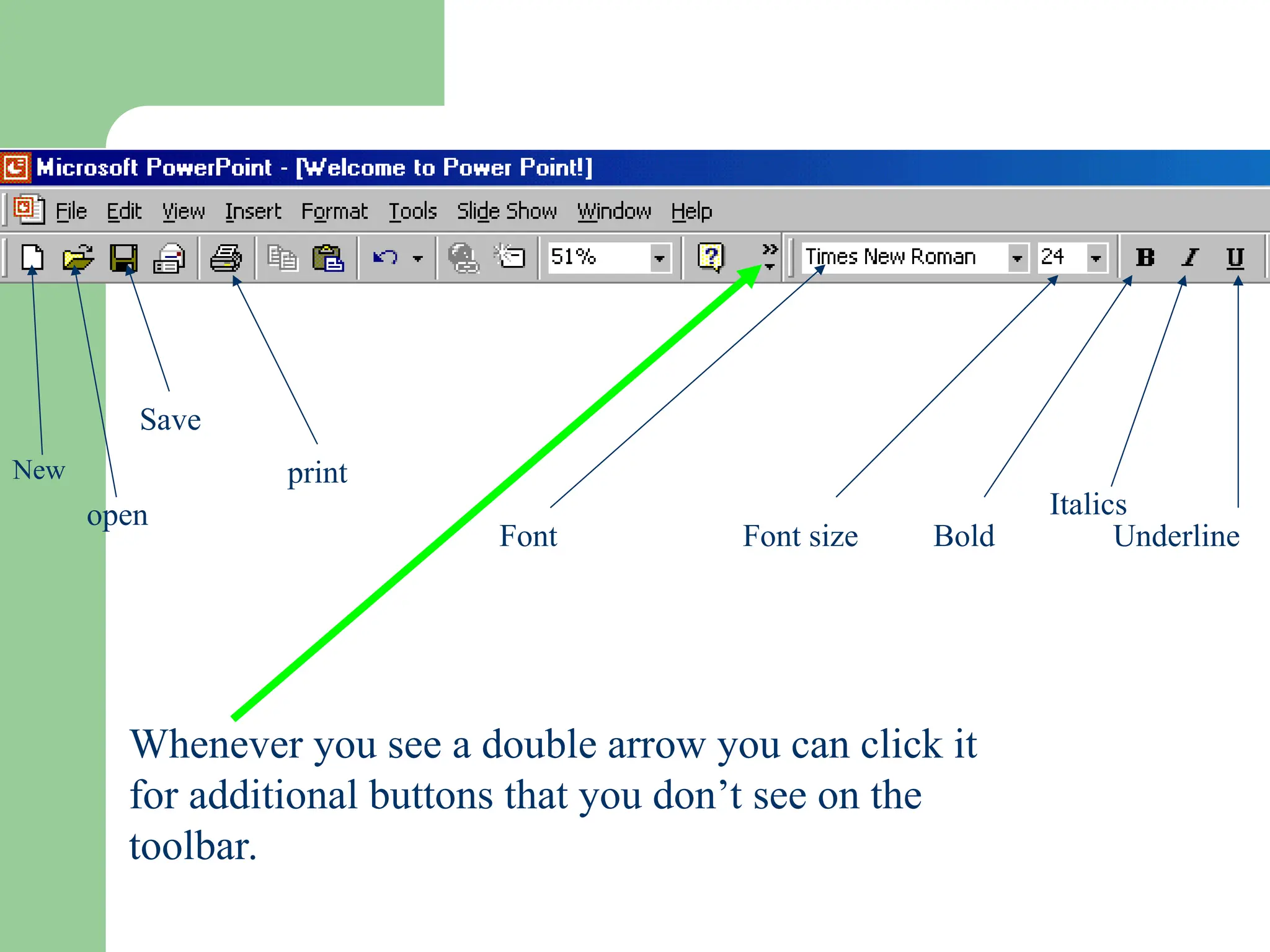 New
open
print
Font Font size Bold
Italics
Underline
Whenever you see a double arrow you can click it
for additional buttons that you don’t see on the
toolbar.
Save
 