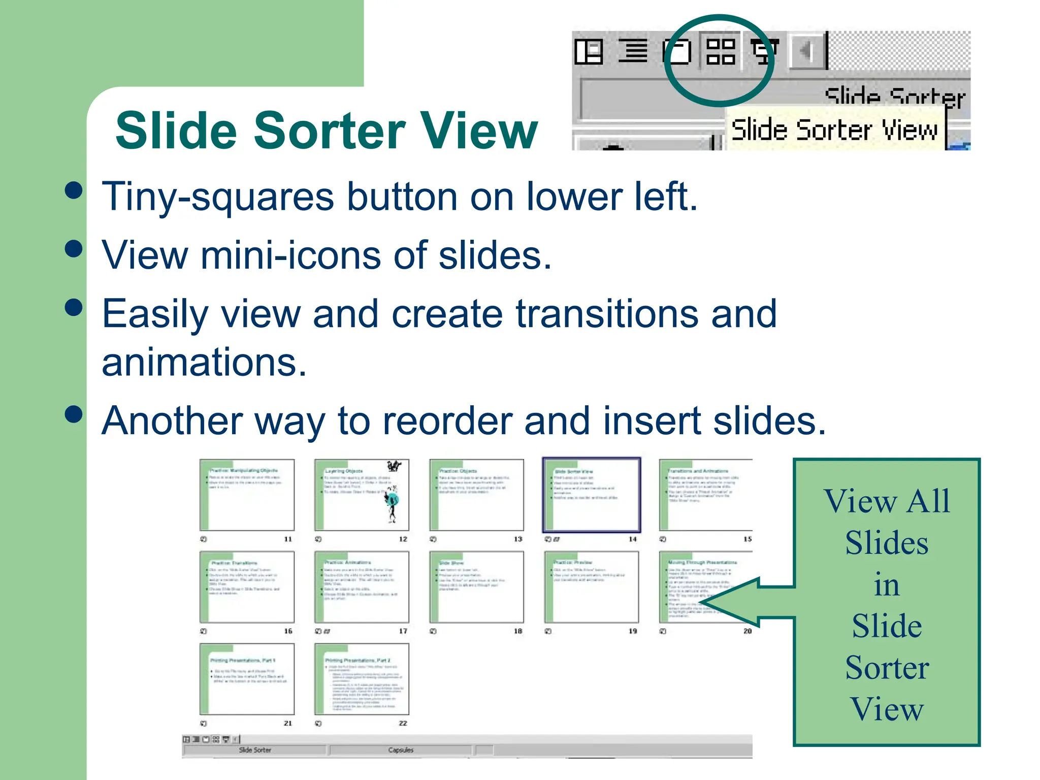 Slide Sorter View
 Tiny-squares button on lower left.
 View mini-icons of slides.
 Easily view and create transitions and
animations.
 Another way to reorder and insert slides.
View All
Slides
in
Slide
Sorter
View
 