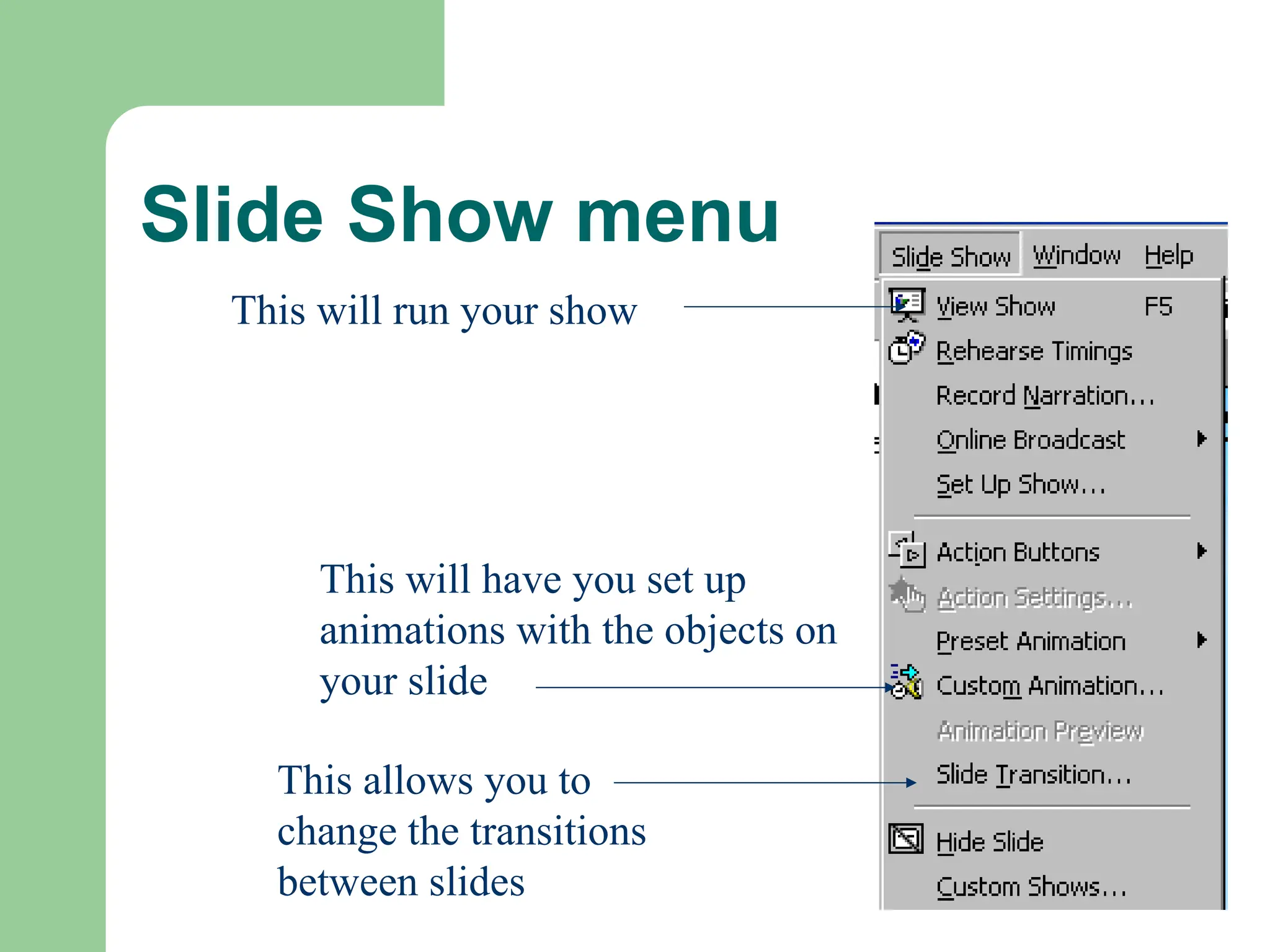 Slide Show menu
This will run your show
This will have you set up
animations with the objects on
your slide
This allows you to
change the transitions
between slides
 