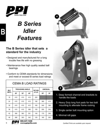 ®




                                                                                 4


                                 B Series
B                                  Idler
                                 Features
    The B Series idler that sets a
    standard for the industry
    • Designed and manufactured for a long
       trouble free life with no greasing
                                                                                                                                1
    • Maintenance free high quality sealed ball
       bearings

    • Conform to CEMA standards for dimensions
       and meet or exceed B series load ratings
                                                                                                                                3

                CEMA B LOAD RATINGS
                         TROUGHING ANGLE                              UNEQUAL
                                                                                     2
        BELT                                                RETURN
        WIDTH                                               & FLAT
                       20°                      35°   45°            20°   35°
                                                                                 1. Deep formed channel end brackets to
         18           410                       410   410    220                    handle the loads
         24           410                       410   410    190     360   410
                                                                                 2. Heavy Duty long foot pads for two bolt
         30           410                       410   410    165     240   390      mounting to alleviate frame rocking
         36           410                       410   369    155     200   240
                                                                                 3. Single center bolt mounting option
         42           390                       363   351    140     170   240
                                                                                 4. Minimal roll gaps
         48           390                       353   342    125     160   200
                                           ®

                                               800.247.1228
    6           E m p lo y e e O w n e d
                                               www.ppipella.com                          Certified Prints are available upon request.
 