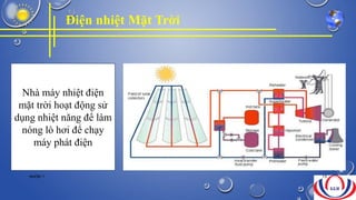 Điện nhiệt Mặt Trời
Nhà máy nhiệt điện
mặt trời hoạt động sử
dụng nhiệt năng để làm
nóng lò hơi để chạy
máy phát điện
NHÓM 7 19
 