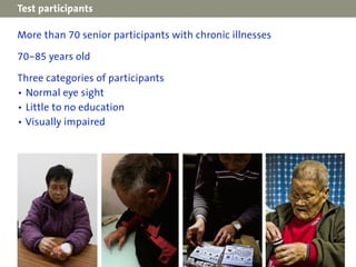 Test participants

More than 70 senior participants with chronic illnesses

70–85 years old

Three categories of participa...