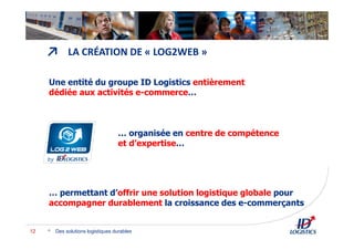 ↗ LA CRÉATION DE « LOG2WEB »
Des solutions logistiques durables12
Une entité du groupe ID Logistics entièrement
dédiée aux activités e-commerce…
… organisée en centre de compétence
et d’expertise…
… permettant d’offrir une solution logistique globale pour
accompagner durablement la croissance des e-commerçants
 