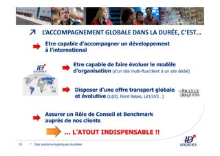 ↗
Des solutions logistiques durables16
L’ACCOMPAGNEMENT GLOBALE DANS LA DURÉE, C’EST…
… L’ATOUT INDISPENSABLE !!
Etre capable d’accompagner un développement
à l’international
Disposer d’une offre transport globale
et évolutive (L@D, Point Relais, LV1/LV2…)
Assurer un Rôle de Conseil et Benchmark
auprès de nos clients
Etre capable de faire évoluer le modèle
d’organisation (d’un site multi-flux/client à un site dédié)
 