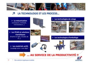 ↗
Des solutions logistiques durables17
LA TECHNOLOGIE ET LES PROCESS…
… AU SERVICE DE LA PRODUCTIVITÉ !!
La mécanisation
(convoyeurs, miniloads,
transstockeurs…)
Les PCAO et solutions
transitiques
(Pick/Put to light, meubles de
tri…)
Les matériels actifs
(couplage voice + scan digit)
Les technologies de calage
Les technologies d’emballage
 