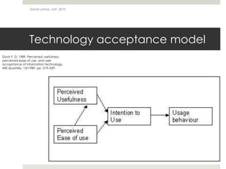 Technology acceptance model
David Lamas, ULP, 2010
Davis F. D. 1989. Perceived usefulness,
perceived ease of use, and user
acceptance of information technology.
MIS Quartely, 13/1989, pp. 319–339.
 