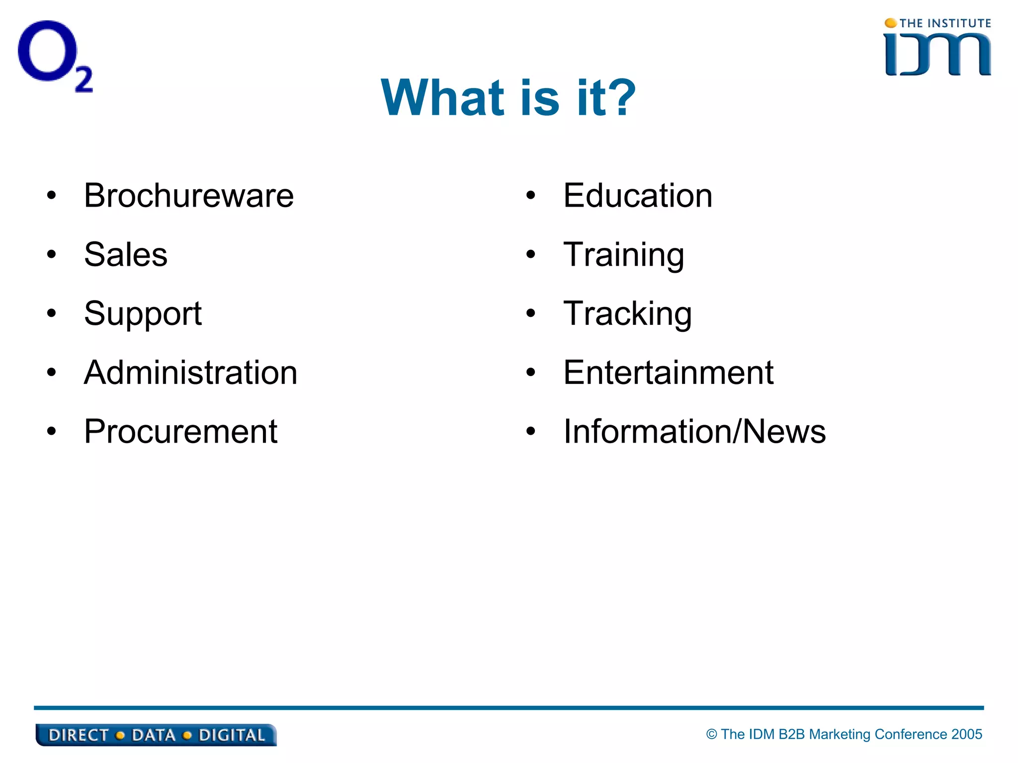 What is it? Brochureware Sales Support Administration Procurement Education Training Tracking Entertainment Information/News 