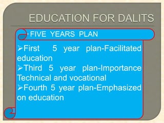 First 5 year plan-Facilitated
education
Third 5 year plan-Importance
Technical and vocational
Fourth 5 year plan-Emphasized
on education
FIVE YEARS PLAN
 