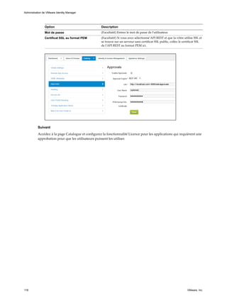 Option Description
Mot de passe (Facultatif) Entrez le mot de passe de l'utilisateur.
Certificat SSL au format PEM (Facultatif) Si vous avez sélectionné API REST et que la vôtre utilise SSL et
se trouve sur un serveur sans certificat SSL public, collez le certificat SSL
de l'API REST au format PEM ici.
Suivant
Accédez à la page Catalogue et configurez la fonctionnalité Licence pour les applications qui requièrent une
approbation pour que les utilisateurs puissent les utiliser.
Administration de VMware Identity Manager
118 VMware, Inc.
 