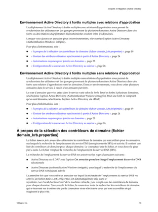 Environnement Active Directory à forêts multiples avec relations d'approbation
Un déploiement Active Directory à forêts multiples avec relations d'approbation vous permet de
synchroniser des utilisateurs et des groupes provenant de plusieurs domaines Active Directory dans des
forêts où des relations d'approbation bidirectionnelles existent entre les domaines.
Lorsque vous ajoutez un annuaire pour cet environnement, sélectionnez l'option Active Directory
(Authentification Windows intégrée).
Pour plus d'informations, voir :
n « À propos de la sélection des contrôleurs de domaine (fichier domain_krb.properties) », page 19
n « Gestion des attributs utilisateur synchronisés à partir d'Active Directory », page 24
n « Autorisations requises pour joindre un domaine », page 25
n « Configuration de la connexion Active Directory au service », page 26
Environnement Active Directory à forêts multiples sans relations d'approbation
Un déploiement Active Directory à forêts multiples sans relations d'approbation vous permet de
synchroniser des utilisateurs et des groupes provenant de plusieurs domaines Active Directory dans des
forêts sans relation d'approbation entre les domaines. Dans cet environnement, vous devez créer plusieurs
annuaires dans le service, à raison d'un annuaire par forêt.
Le type d'annuaire que vous créez dans le service varie selon la forêt. Pour les forêts à plusieurs domaines,
sélectionnez l'option Active Directory (Authentification Windows intégrée). Pour une forêt ne comptant
qu'un seul domaine, sélectionnez l'option Active Directory via LDAP.
Pour plus d'informations, voir :
n « À propos de la sélection des contrôleurs de domaine (fichier domain_krb.properties) », page 19
n « Gestion des attributs utilisateur synchronisés à partir d'Active Directory », page 24
n « Autorisations requises pour joindre un domaine », page 25
n « Configuration de la connexion Active Directory au service », page 26
À propos de la sélection des contrôleurs de domaine (fichier
domain_krb.properties)
Le fichier domain_krb.properties détermine les contrôleurs de domaine qui sont utilisés pour les annuaires
sur lesquels la recherche de l'emplacement du service DNS (enregistrements SRV) est activée. Il contient une
liste de contrôleurs de domaine pour chaque domaine. Le connecteur crée le fichier, et vous devez le gérer
par la suite. Le fichier remplace la recherche de l'emplacement du service DNS (SRV).
La recherche de l'emplacement du service DNS est activée sur les types d'annuaires suivants :
n Active Directory sur LDAP avec l'option Cet annuaire prend en charge l'emplacement du service DNS
sélectionnée
n Active Directory (authentification Windows intégrée), pour lequel la recherche de l'emplacement du
service DNS est toujours activée
La première fois que vous créez un annuaire sur lequel la recherche de l'emplacement du service DNS est
activée, un fichier domain_krb.properties est automatiquement créé dans le
répertoire /usr/local/horizon/conf de la machine virtuelle, puis rempli avec des contrôleurs de domaine
pour chaque domaine. Pour remplir le fichier, le connecteur tente de rechercher les contrôleurs de domaine
qui se trouvent sur le même site que le connecteur et en sélectionne deux qui sont accessibles et qui
réagissent le plus vite.
Chapitre 3 Intégration à Active Directory
VMware, Inc. 19
 
