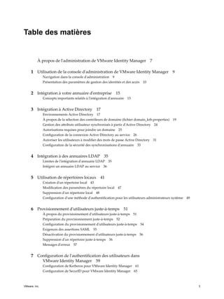 Table des matières
À propos de l'administration de VMware Identity Manager 7
1 Utilisation de la console d'administration de VMware Identity Manager 9
Navigation dans la console d'administration 9
Présentation des paramètres de gestion des identités et des accès 10
2 Intégration à votre annuaire d'entreprise 15
Concepts importants relatifs à l'intégration d'annuaire 15
3 Intégration à Active Directory 17
Environnements Active Directory 17
À propos de la sélection des contrôleurs de domaine (fichier domain_krb.properties) 19
Gestion des attributs utilisateur synchronisés à partir d'Active Directory 24
Autorisations requises pour joindre un domaine 25
Configuration de la connexion Active Directory au service 26
Autoriser les utilisateurs à modifier des mots de passe Active Directory 31
Configuration de la sécurité des synchronisations d'annuaire 33
4 Intégration à des annuaires LDAP 35
Limites de l'intégration d'annuaire LDAP 35
Intégrer un annuaire LDAP au service 36
5 Utilisation de répertoires locaux 41
Création d'un répertoire local 43
Modification des paramètres du répertoire local 47
Suppression d'un répertoire local 48
Configuration d'une méthode d'authentification pour les utilisateurs administrateurs système 49
6 Provisionnement d'utilisateurs juste-à-temps 51
À propos du provisionnement d'utilisateurs juste-à-temps 51
Préparation du provisionnement juste-à-temps 52
Configuration du provisionnement d'utilisateurs juste-à-temps 54
Exigences des assertions SAML 55
Désactivation du provisionnement d'utilisateurs juste-à-temps 56
Suppression d'un répertoire juste-à-temps 56
Messages d'erreur 57
7 Configuration de l'authentification des utilisateurs dans
VMware Identity Manager 59
Configuration de Kerberos pour VMware Identity Manager 61
Configuration de SecurID pour VMware Identity Manager 65
VMware, Inc. 3
 