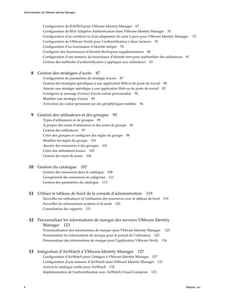Configuration de RADIUS pour VMware Identity Manager 67
Configuration de RSA Adaptive Authentication dans VMware Identity Manager 70
Configuration d'un certificat ou d'un adaptateur de carte à puce pour VMware Identity Manager 72
Configuration de VMware Verify pour l'authentification à deux facteurs 76
Configuration d'un fournisseur d'identité intégré 78
Configurer des fournisseurs d'identité Workspace supplémentaires 80
Configuration d'une instance de fournisseur d'identité tiers pour authentifier des utilisateurs 81
Gestion des méthodes d'authentification à appliquer aux utilisateurs 83
8 Gestion des stratégies d'accès 87
Configuration de paramètres de stratégie d'accès 87
Gestion des stratégies spécifiques à une application Web et de poste de travail 90
Ajouter une stratégie spécifique à une application Web ou de poste de travail 92
Configurer le message d'erreur d'accès refusé personnalisé 92
Modifier une stratégie d'accès 93
Activation du cookie persistant sur des périphériques mobiles 94
9 Gestion des utilisateurs et des groupes 95
Types d'utilisateurs et de groupes 95
À propos des noms d'utilisateur et des noms de groupe 96
Gestion des utilisateurs 97
Créer des groupes et configurer des règles de groupe 98
Modifier les règles du groupe 101
Ajouter des ressources à des groupes 101
Créer des utilisateurs locaux 102
Gestion des mots de passe 104
10 Gestion du catalogue 107
Gestion des ressources dans le catalogue 108
Groupement des ressources en catégories 111
Gestion des paramètres du catalogue 113
11 Utiliser le tableau de bord de la console d'administration 119
Surveiller les utilisateurs et l'utilisation des ressources avec le tableau de bord 119
Surveiller les informations système et la santé 120
Consultation des rapports 121
12 Personnaliser les informations de marque des services VMware Identity
Manager 123
Personnalisation des informations de marque dans VMware Identity Manager 123
Personnaliser les informations de marque pour le portail de l'utilisateur 125
Personnaliser des informations de marque pour l'application VMware Verify 126
13 Intégration d'AirWatch à VMware Identity Manager 127
Configuration d'AirWatch pour l'intégrer à VMware Identity Manager 127
Configuration d'une instance d'AirWatch dans VMware Identity Manager 131
Activer le catalogue unifié pour AirWatch 132
Implémentation de l'authentification avec AirWatch Cloud Connector 133
Administration de VMware Identity Manager
4 VMware, Inc.
 