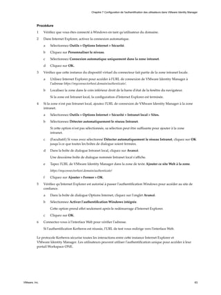 Procédure
1 Vérifiez que vous êtes connecté à Windows en tant qu'utilisateur du domaine.
2 Dans Internet Explorer, activez la connexion automatique.
a Sélectionnez Outils > Options Internet > Sécurité.
b Cliquez sur Personnaliser le niveau.
c Sélectionnez Connexion automatique uniquement dans la zone intranet.
d Cliquez sur OK.
3 Vérifiez que cette instance du dispositif virtuel du connecteur fait partie de la zone intranet locale.
a Utilisez Internet Explorer pour accéder à l'URL de connexion de VMware Identity Manager à
l'adresse https://myconnectorhost.domain/authenticate/.
b Localisez la zone dans le coin inférieur droit de la barre d'état de la fenêtre du navigateur.
Si la zone est Intranet local, la configuration d'Internet Explorer est terminée.
4 Si la zone n'est pas Intranet local, ajoutez l'URL de connexion de VMware Identity Manager à la zone
intranet.
a Sélectionnez Outils > Options Internet > Sécurité > Intranet local > Sites.
b Sélectionnez Détecter automatiquement le réseau Intranet.
Si cette option n'est pas sélectionnée, sa sélection peut être suffisante pour ajouter à la zone
intranet.
c (Facultatif) Si vous avez sélectionné Détecter automatiquement le réseau Intranet, cliquez sur OK
jusqu'à ce que toutes les boîtes de dialogue soient fermées.
d Dans la boîte de dialogue Intranet local, cliquez sur Avancé.
Une deuxième boîte de dialogue nommée Intranet local s'affiche.
e Tapez l'URL de VMware Identity Manager dans la zone de texte Ajouter ce site Web à la zone.
https://myconnectorhost.domain/authenticate/
f Cliquez sur Ajouter > Fermer > OK.
5 Vérifiez qu'Internet Explorer est autorisé à passer l'authentification Windows pour accéder au site de
confiance.
a Dans la boîte de dialogue Options Internet, cliquez sur l'onglet Avancé.
b Sélectionnez Activer l'authentification Windows intégrée.
Cette option prend effet seulement après le redémarrage d'Internet Explorer.
c Cliquez sur OK.
6 Connectez-vous à l'interface Web pour vérifier l'adresse.
Si l'authentification Kerberos est réussie, l'URL de test vous redirige vers l'interface Web.
Le protocole Kerberos sécurise toutes les interactions entre cette instance Internet Explorer et
VMware Identity Manager. Les utilisateurs peuvent utiliser l'authentification unique pour accéder à leur
portail Workspace ONE.
Chapitre 7 Configuration de l'authentification des utilisateurs dans VMware Identity Manager
VMware, Inc. 63
 