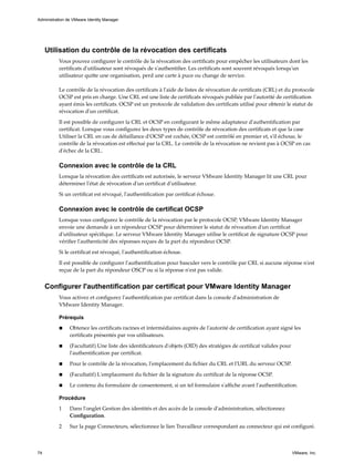 Utilisation du contrôle de la révocation des certificats
Vous pouvez configurer le contrôle de la révocation des certificats pour empêcher les utilisateurs dont les
certificats d'utilisateur sont révoqués de s'authentifier. Les certificats sont souvent révoqués lorsqu'un
utilisateur quitte une organisation, perd une carte à puce ou change de service.
Le contrôle de la révocation des certificats à l'aide de listes de révocation de certificats (CRL) et du protocole
OCSP est pris en charge. Une CRL est une liste de certificats révoqués publiée par l'autorité de certification
ayant émis les certificats. OCSP est un protocole de validation des certificats utilisé pour obtenir le statut de
révocation d'un certificat.
Il est possible de configurer la CRL et OCSP en configurant le même adaptateur d'authentification par
certificat. Lorsque vous configurez les deux types de contrôle de révocation des certificats et que la case
Utiliser la CRL en cas de défaillance d'OCSP est cochée, OCSP est contrôlé en premier et, s'il échoue, le
contrôle de la révocation est effectué par la CRL. Le contrôle de la révocation ne revient pas à OCSP en cas
d'échec de la CRL.
Connexion avec le contrôle de la CRL
Lorsque la révocation des certificats est autorisée, le serveur VMware Identity Manager lit une CRL pour
déterminer l'état de révocation d'un certificat d'utilisateur.
Si un certificat est révoqué, l'authentification par certificat échoue.
Connexion avec le contrôle de certificat OCSP
Lorsque vous configurez le contrôle de la révocation par le protocole OCSP, VMware Identity Manager
envoie une demande à un répondeur OCSP pour déterminer le statut de révocation d'un certificat
d'utilisateur spécifique. Le serveur VMware Identity Manager utilise le certificat de signature OCSP pour
vérifier l'authenticité des réponses reçues de la part du répondeur OCSP.
Si le certificat est révoqué, l'authentification échoue.
Il est possible de configurer l'authentification pour basculer vers le contrôle par CRL si aucune réponse n'est
reçue de la part du répondeur OSCP ou si la réponse n'est pas valide.
Configurer l'authentification par certificat pour VMware Identity Manager
Vous activez et configurez l'authentification par certificat dans la console d'administration de
VMware Identity Manager.
Prérequis
n Obtenez les certificats racines et intermédiaires auprès de l'autorité de certification ayant signé les
certificats présentés par vos utilisateurs.
n (Facultatif) Une liste des identificateurs d'objets (OID) des stratégies de certificat valides pour
l'authentification par certificat.
n Pour le contrôle de la révocation, l'emplacement du fichier du CRL et l'URL du serveur OCSP.
n (Facultatif) L'emplacement du fichier de la signature du certificat de la réponse OCSP.
n Le contenu du formulaire de consentement, si un tel formulaire s'affiche avant l'authentification.
Procédure
1 Dans l'onglet Gestion des identités et des accès de la console d'administration, sélectionnez
Configuration.
2 Sur la page Connecteurs, sélectionnez le lien Travailleur correspondant au connecteur qui est configuré.
Administration de VMware Identity Manager
74 VMware, Inc.
 