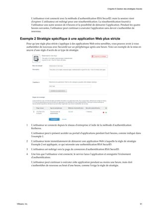 L'utilisateur s'est connecté avec la méthode d'authentification RSA SecurID, mais la session vient
d'expirer. L'utilisateur est redirigé pour une réauthentification. La réauthentification fournit à
l'utilisateur une autre session de 4 heures et la possibilité de démarrer l'application. Pendant les quatre
heures suivantes, l'utilisateur peut continuer à exécuter l'application sans devoir s'authentifier de
nouveau.
Exemple 2 Stratégie spécifique à une application Web plus stricte
Pour qu'une règle plus stricte s'applique à des applications Web extra sensibles, vous pouvez avoir à vous
authentifier de nouveau avec SecureId sur un périphérique après une heure. Voici un exemple de la mise en
œuvre d'une règle d'accès de ce type de stratégie.
1 L'utilisateur se connecte depuis le réseau d'entreprise à l'aide de la méthode d'authentification
Kerberos.
L'utilisateur peut à présent accéder au portail d'applications pendant huit heures, comme indiqué dans
l'exemple 1.
2 L'utilisateur tente immédiatement de démarrer une application Web à laquelle la règle de stratégie
Exemple 2 est appliquée, ce qui nécessite une authentification RSA SecurID.
3 L'utilisateur est redirigé vers la page de connexion d'authentification RSA SecurID.
4 Une fois que l'utilisateur s'est connecté, le service lance l'application et enregistre l'événement
d'authentification.
L'utilisateur peut continuer à exécuter cette application pendant au moins une heure, mais doit
s'authentifier de nouveau au bout d'une heure, comme l'exige la règle de stratégie.
Chapitre 8 Gestion des stratégies d'accès
VMware, Inc. 91
 