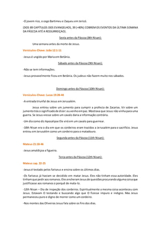 -O jovem rico, o cego Bartimeu e Zaqueu em Jericó.
(DOS 89 CAPÍTULOS DOS EVANGELHOS, 39 (=40%) COBREMOS EVENTOS DA ÚLTIMA SEMANA
DA PÁSCOA ATÉ A RESSURREIÇAO).
Sexta antes da Páscoa (8th Nisan):
Uma semana antes da morte de Jesus.
Versículos-Chave: João 12:1-11
-Jesus é ungido por Maria em Betânia.
Sábado antes da Páscoa (9th Nisan):
-Não se tem informações.
-Jesus provavelmente ficou em Betânia. Os judeus não fazem muito nos sábados.
Domingo antes da Páscoa (10th Nisan):
Versículos-Chave: Lucas 19:28-44
-A entrada triunfal de Jesus em Jerusalém.
Jesus entrou sobre um jumento para cumprir a profecia de Zacarias. Vir sobre um
jumentotráso significadode dizer:euvenhoempaz. Mostrava que Jesus não vinha para uma
guerra. Se Jesus viesse sobre um cavalo daria a informação contrária.
-Um dia como diz Apocalipse Ele virá em um cavalo para guerrear.
-10th Nisan era o dia em que os cordeiros eram trazidos a Jerusalém para o sacrifício. Jesus
entrou em Jerusalém como um cordeiro para o matadouro.
Segunda antes da Páscoa (11th Nisan):
Mateus 21:18-46
-Jesus amaldiçoa a figueira.
Terca antes da Páscoa (12th Nisan):
Mateus cap. 22-25
-Jesus é testado pelos fariseus e ensina sobre os últimos dias.
-Os fariseus já haviam se decidido em matar Jesus. Eles não tinham essa autoridade. Eles
tinhamque pediraosromanos.ElesencheramJesusde questõesprocurandoalgumacoisaque
justificasse aos romanos o porquê de mata-lo.
-12th Nisan – Dia de inspeção dos cordeiros. Espiritualmente a mesma coisa aconteceu com
Jesus. Estavam O testando e buscando algo que O fizesse impuro e indigno. Mas Jesus
permaneceu puro e digno de morrer como um cordeiro.
-Nos montes das Oliveiras Jesus fala sobre os fins dos dias.
 