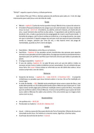 “Shiloh” = aquele a quem a honra, o tributo pertence.
Jacó chama filho por filho e declara palavras de profecias para cada um. E ele diz algo
interessante para Judá (Jesus veio da tribo de Judá).
Êxodo
 Moisés – capítulo 2 (salvoda morte quandocriança).Moiséstirou o povo do cativeiro.
 O CordeiroPascoal (simbolismo do sangue que seria derramado e do corpo moído de
Jesus na cruz) - 12:5-7,13 - O cordeiro, ou cabrito, será sem mácula, um macho de um
ano, o qual tomareis das ovelhas ou das cabras. E o guardareis até ao décimo quarto
diadeste mês, e todo o ajuntamento da congregação de Israel o sacrificará à tarde. E
tomarão dosangue,e pô-lo-ãoemambas as ombreiras, e na verga da porta, nas casas
em que o comerem. E aquele sangue vos será por sinal nas casas em que estiverdes;
vendo eu sangue, passarei por cima de vós, e não haverá entre vós praga de
mortandade, quando eu ferir a terra do Egito.
Levítico
 Sacerdotes – Mediadores entre Deus e os homens.
 Sacrifícios - Capítulo 16 (os pecados seriam transferidos das pessoas para aqueles
animaise seuspecadosseriamtiradosdeles.Eraalgoque aconteciaconstantemente e
apontava para um perfeito sacrifício que tiraria de uma vez por todos os pecados do
povo).
 O sangue expiatório - Capítulo 17
 O ano do Jubileu Capítulo 25. (a cada 50 anos seria um ano de júbilo e todos os
escravos seriam livres e todos os débitos seriam cancelados). Era um símbolo do que
Jesus faria. Em Lucas 4 Jesus estava se referindo ao ano de Júbilo dos Judeus. Jesus
estava cumprindo o ano de Júbilo.
Números
 Serpente de bronze. – capítulo 21. – João 3:14-15 – 2 Coríntios 5:21 - A serpente
simbolizava os pecados que Jesus tomaria sobre si na cruz. Ele se fez maldição em
nosso lugar.
 A visão de Balaão. – 24:1 (Balaão tenta amaldiçoar várias vezes o povo de Deus, mas
acaba abençoando-os.Ele acabaprofetizandosobre oMessiasque estava por vir. Este
rapaz estava sendo pago para profetizar maldição contra o povo de Deus, mas acaba
que ele profetiza sobre o futuro Messias. O único sinal profético que o povo do leste
ouviu sobre o Messias foi sobre uma estrela. E foi uma estrela que os magos viram
como sinal no céu).
Deuteronômio
 Um profeta virá. – 18:15,18
 Pendurado no madeiro – 21:22-23 – Gálatas 3:13
Josué
 Josué. – Liderouopovode Deuspara dentroda Terra Prometida. ONome de Josué era
conectado ao de Jesus. Em hebreu é o mesmo nome. Significa: o Senhor salva.
 O príncipe do exército do Senhor – 5:13-15
 