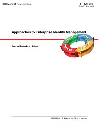 Approaches to Enterprise Identity Management:
Best of Breed vs. Suites
© 2014 Hitachi ID Systems, Inc. All rights reserved.
 