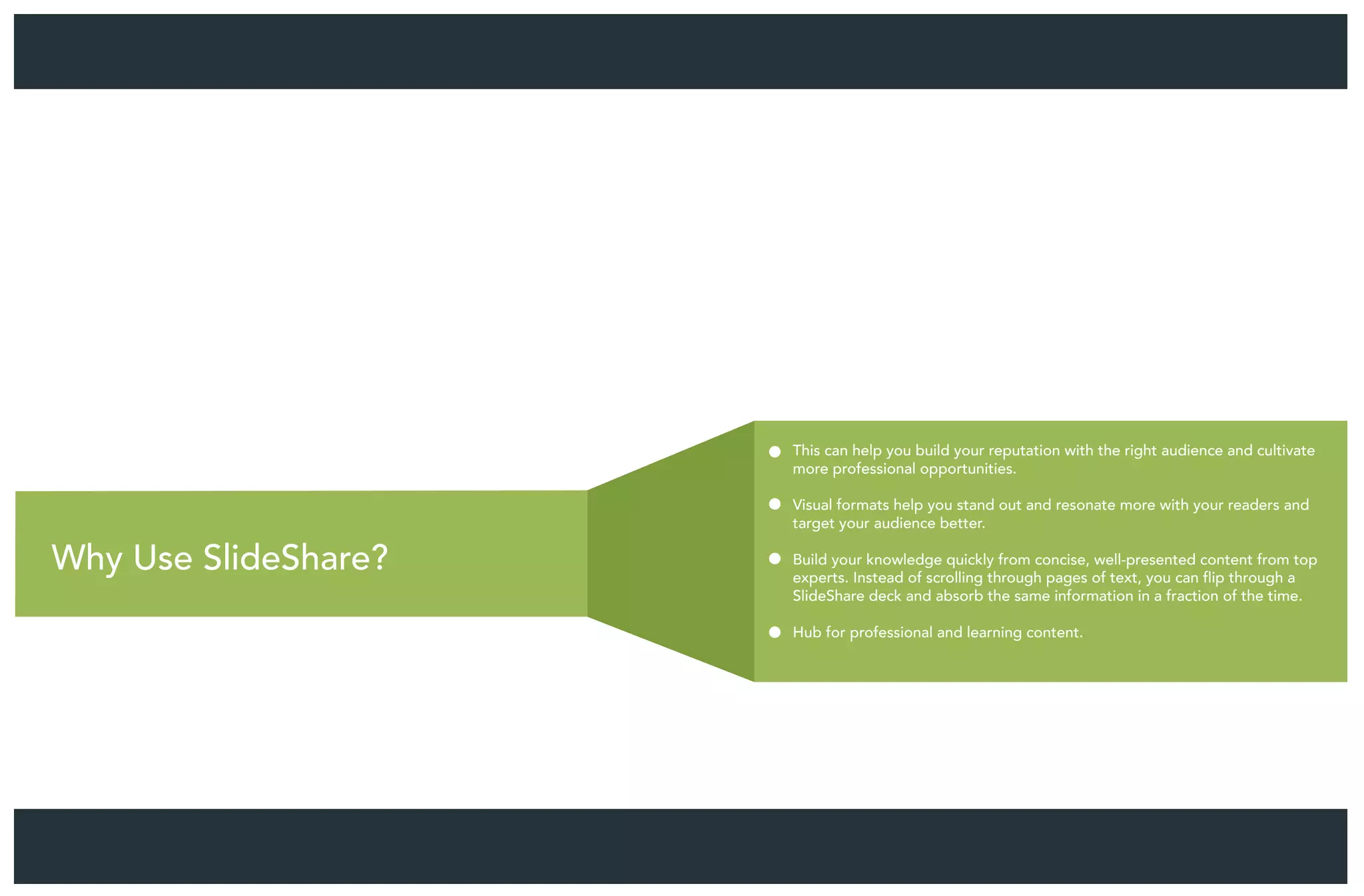 Why Use SlideShare?
This can help you build your reputation with the right audience and cultivate
more professional opportunities.
Visual formats help you stand out and resonate more with your readers and
target your audience better.
Build your knowledge quickly from concise, well-presented content from top
experts. Instead of scrolling through pages of text, you can flip through a
SlideShare deck and absorb the same information in a fraction of the time.
Hub for professional and learning content.
 