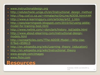 www.instructionaldesign.orghttp://edutechwiki.unige.ch/en/Instructional_design_methodhttp://fog.ccsf.cc.ca.us/~mmalacho/OnLine/ADDIE.html#AMhttp://www.e-learningguru.com/articles/art2_1.htmhttp://easylearningweb.blogspot.com/2010/02/using-addie-model-for-training-best.htmlhttp://www.nwlink.com/~donclark/history_isd/addie.htmlhttp://www.about-elearning.com/instructional-design-models.htmlhttp://ezinearticles.com/?The-ADDIE-Model---Why-Use-It?&id=859615http://en.wikipedia.org/wiki/Learning_theory_(education)http://en.wikipedia.org/wiki/Instructional_theorywww.google.com/imageswww.flickr.comResourcesID Models: ADDIE and ASSURE by JCS31