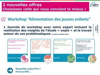 Workshop “Alimentation des jeunes enfants”
Disponible aujourd’hui !
Prenons RDV …
2 nouvelles offres
Choisissez celle qui vous convient le mieux !
1
1 Journée de workshop avec notre expert incluant la
restitution des insights de l’étude « explo » et le travail
autour de vos problématiques (conférence MWM 2016)
TARIF
3000€HT
•Conversations spontanées
de parents
•Une analyse Semantiweb
•Corpus 2015-2016
Ecoute du Web
• 6 interviews, observations
d’un panel de parents
(présence de l’enfant,
moment lié au repas) et de
professionnels de santé :
sage-femme, pédiatre,
pharmacien
•2016
Quali Ethno
•Eclairages et datas
•IDM, Baromètre
Magicmaman avec l’IDM
•2016
Quanti
•1 journée avec notre
expert et vos équipes
Adaptation a ma
problématique :
« Comment tirer parti de
ces insights pour ma
marque? »
Workshop
 
