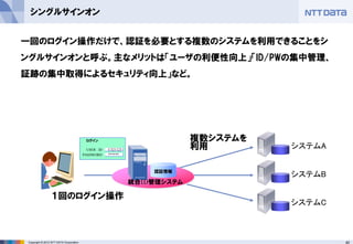40Copyright © 2012 NTT DATA Corporation
シングルサインオン
１回のログイン操作
システムA
システムB
システムC
U321123
******
USER ID
PASSWORD
ログイン
一回のログイン操作だけで、認証を必要とする複数のシステムを利用できることをシ
ングルサインオンと呼ぶ。主なメリットは「ユーザの利便性向上」「ID/PWの集中管理、
証跡の集中取得によるセキュリティ向上」など。
認証情報
統合ID管理システム
複数システムを
利用
 