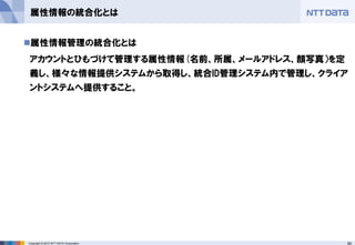 60Copyright © 2012 NTT DATA Corporation
属性情報の統合化とは
◼属性情報管理の統合化とは
アカウントとひもづけて管理する属性情報(名前、所属、メールアドレス、顔写真）を定
義し、様々な情報提供システムから取得し、統合ID管理システム内で管理し、クライア
ントシステムへ提供すること。
 
