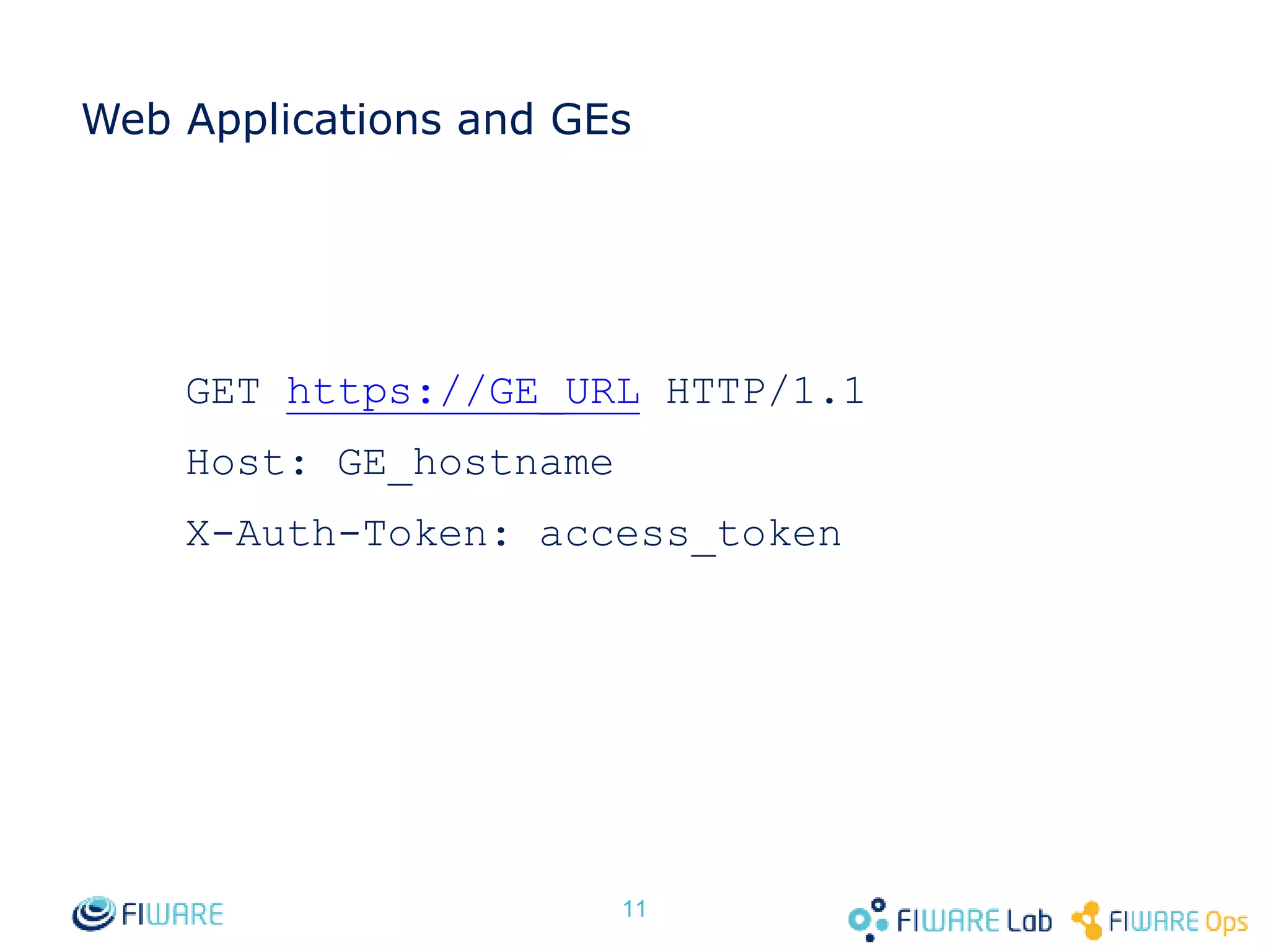 Web Applications and GEs GET https://GE_URL HTTP/1.1 Host: GE_hostname X-Auth-Token: access_token 11 
