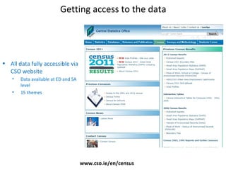 Getting access to the data
www.cso.ie/en/census
• All data fully accessible via
CSO website
• Data available at ED and SA
level
• 15 themes
 
