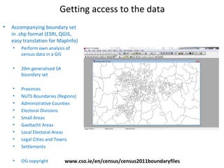 Getting access to the data
www.cso.ie/en/census/census2011boundaryfiles
• Accompanying boundary set
in .shp format (ESRI, QGIS,
easy translation for MapInfo)
• Perform own analysis of
census data in a GIS
• 20m generalised SA
boundary set
• Provinces
• NUTS Boundaries (Regions)
• Administrative Counties
• Electoral Divisions
• Small Areas
• Gaeltacht Areas
• Local Electoral Areas
• Legal Cities and Towns
• Settlements
• OSi copyright
 