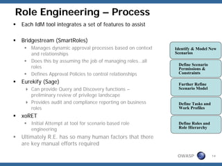 Role Engineering – Process
 Each IdM tool integrates a set of features to assist

 Bridgestream (SmartRoles)
     Manages dynamic approval processes based on context   Identify & Model New
     and relationships                                     Scenarios
     Does this by assuming the job of managing roles…all
                                                            Define Scenario
     roles                                                  Permissions &
     Defines Approval Policies to control relationships     Constraints

 Eurekify (Sage)                                            Further Refine
     Can provide Query and Discovery functions –            Scenario Model
     preliminary review of privilege landscape
     Provides audit and compliance reporting on business    Define Tasks and
     roles                                                  Work Profiles
 xoRET
     Initial Attempt at tool for scenario based role        Define Roles and
     engineering                                            Role Hierarchy

 Ultimately R.E. has so many human factors that there
 are key manual efforts required

                                                            OWASP              14
 