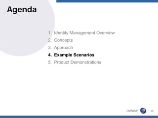 Agenda

         1. Identity Management Overview
         2. Concepts
         3. Approach
         4. Example Scenarios
         5. Product Demonstrations




                                           OWASP   20
 