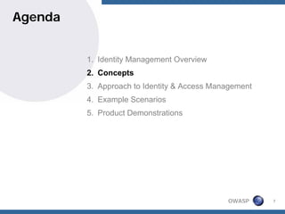 Agenda


         1. Identity Management Overview
         2. Concepts
         3. Approach to Identity & Access Management
         4. Example Scenarios
         5. Product Demonstrations




                                             OWASP     7
 