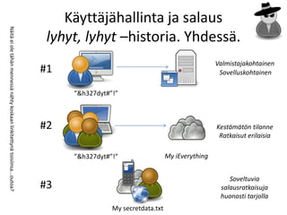 Käyttäjähallinta ja salaus
Näitä ei ole tähän mennessä nähty koskaan linkitettynä toisiinsa...outoa?




                                                                             lyhyt, lyhyt –historia. Yhdessä.
                                                                                                                                 Valmistajakohtainen
                                                                            #1                                                    Sovelluskohtainen

                                                                                 ”&h327dyt#”!”



                                                                            #2                                                   Kestämätön tilanne
                                                                                                                                  Ratkaisut erilaisia

                                                                                 ”&h327dyt#”!”                  My iEverything


                                                                                                                                     Soveltuvia
                                                                            #3                                                    salausratkaisuja
                                                                                                                                  huonosti tarjolla
                                                                                            My secretdata.txt
 