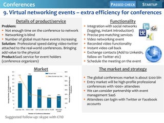 Conferences                                 PASSED CHECK STARTUP
9. Virtual networking events – extra efficiency for conferences
         Details of product/service                                 Functionality
Problem:                                             Integration with social networks
 Not enough time on the conference to network        (logging, instant introduction)
 Networking is blind                                Precise pre-matching services
 Number of global must-have events increasing       Video networking event
Solution: Professional speed-dating video-twitter    Recorded video functionality
attached to the real-world conferences. Bringing     Instant video call back
add value to the physical                            Exchange contacts (Add to Linkeidn,
Product:SaaS service for event holders                follow on Twitter etc)
(conference organizers)                              Schedule the meeting on the event

                    Market                                   The market and strategy
                                                     The global conferences market is about $200 bln
                                                     Entry market will be high-profile professional
                                                      conferences with 1000+ attendees
                                                     We can consider partnership with event
                                                      management SaaS
                                                     Attendees can login with Twitter or Facebook
                                                      accounts


  Suggested follow-up: skype with CTO
 